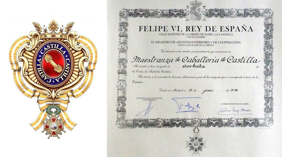 Certificado de concesión de la Corbata de Honor de la Orden de Isabel la Católica a la Maestranza de Caballería de Castilla.